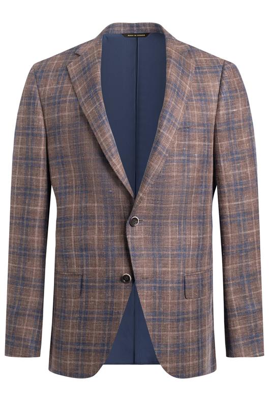 Brown Blue Plaid Linen Wool Jacket