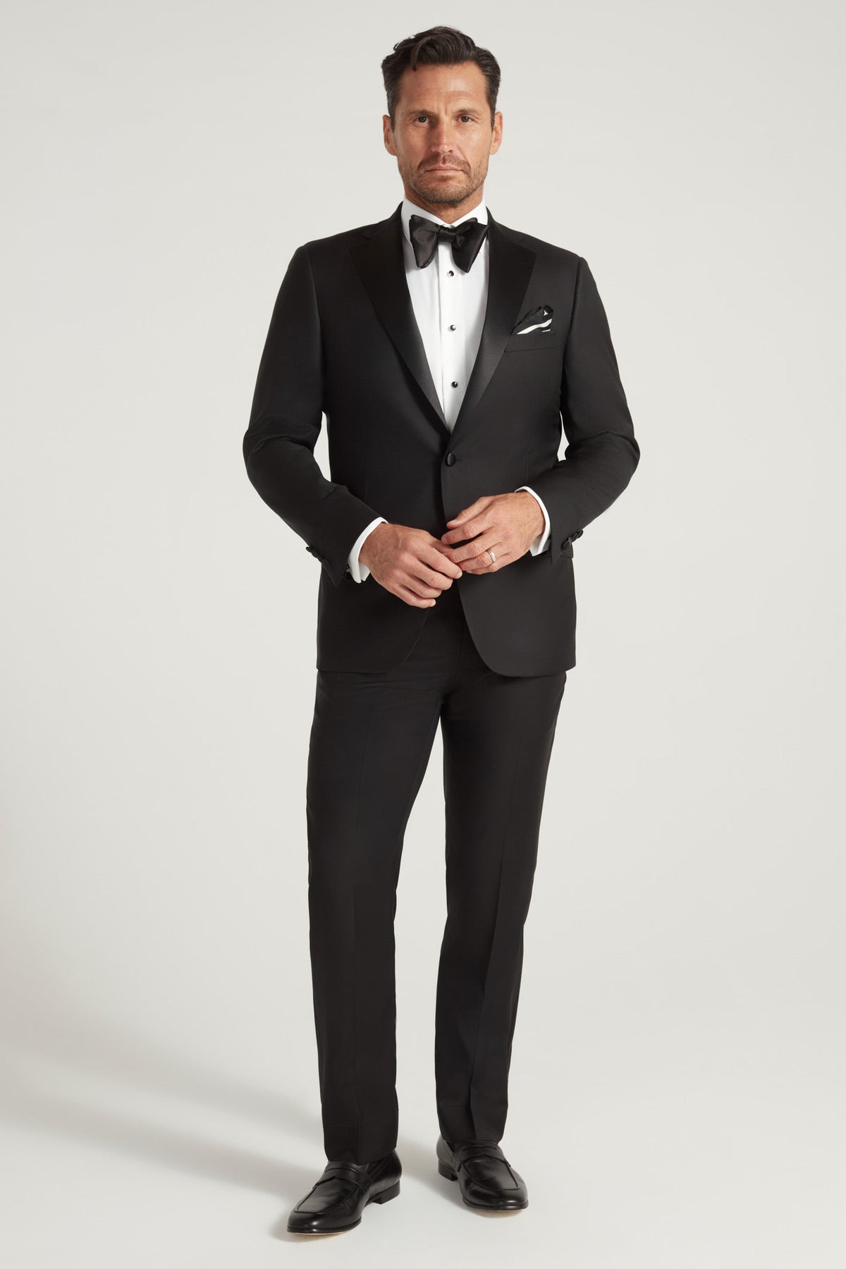 Black Notch Lapel Satin Honey Way Super 150's Wool Tuxedo