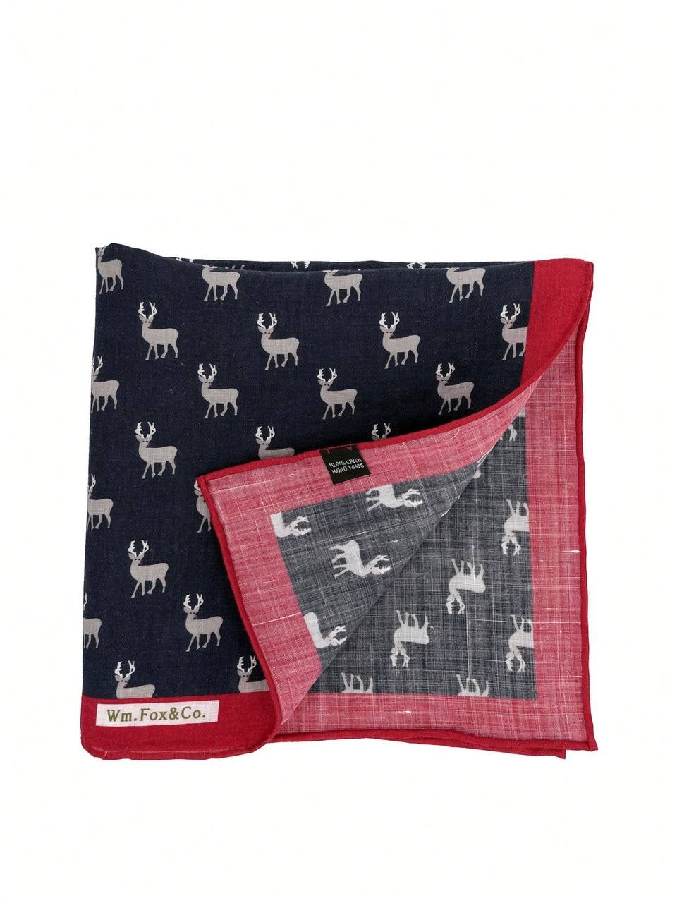 Navy Stag with Red Border Pocket Square — folded detail