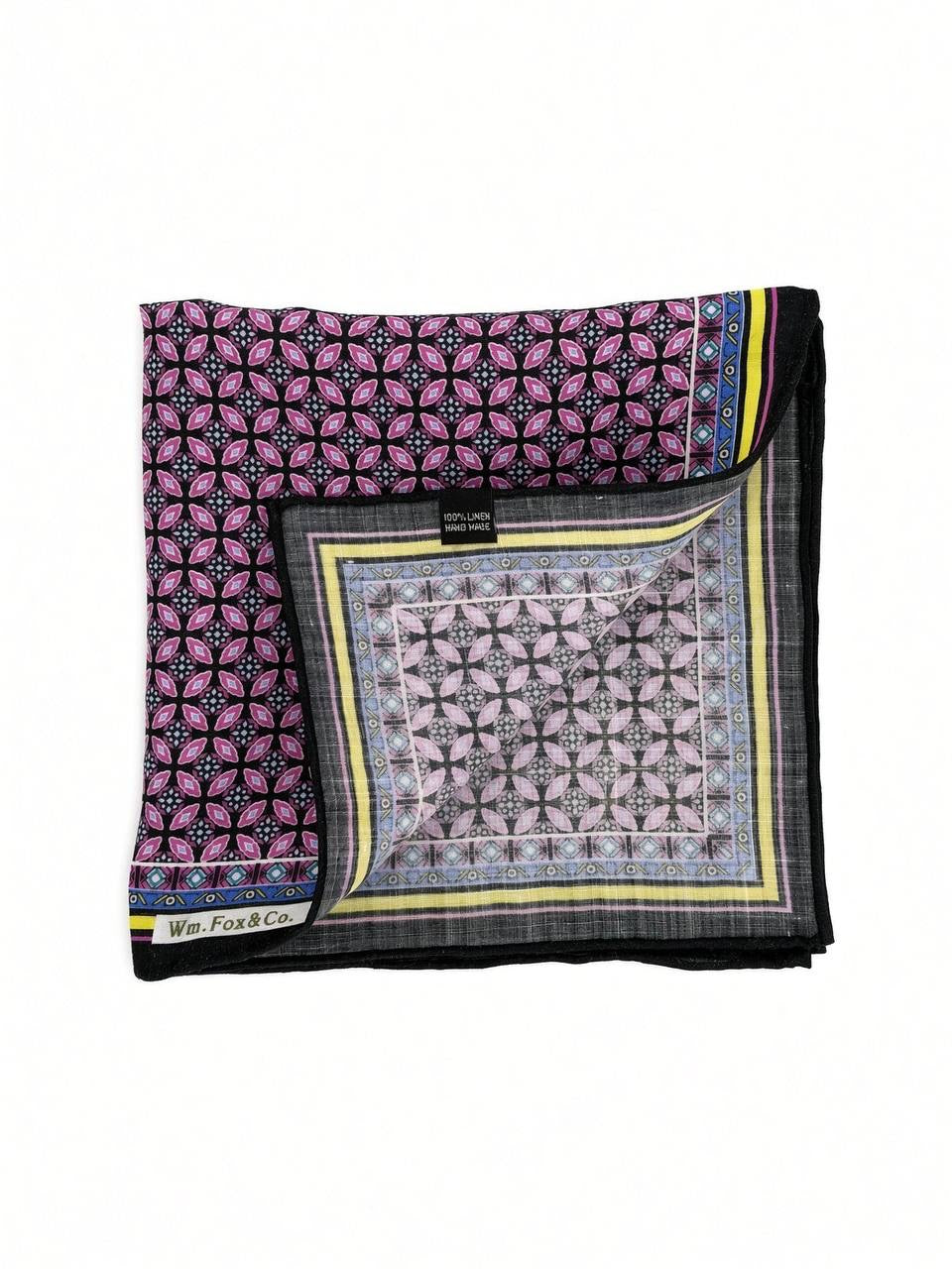 Black Border Pink Geometric Medallion Pocket Square — folded detail