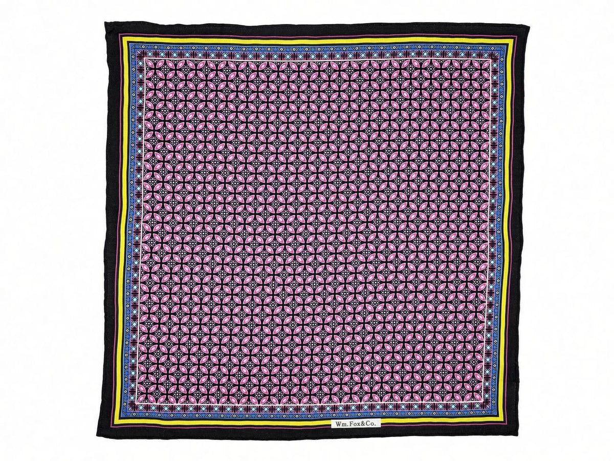 Black Border Pink Geometric Medallion Pocket Square — full pattern