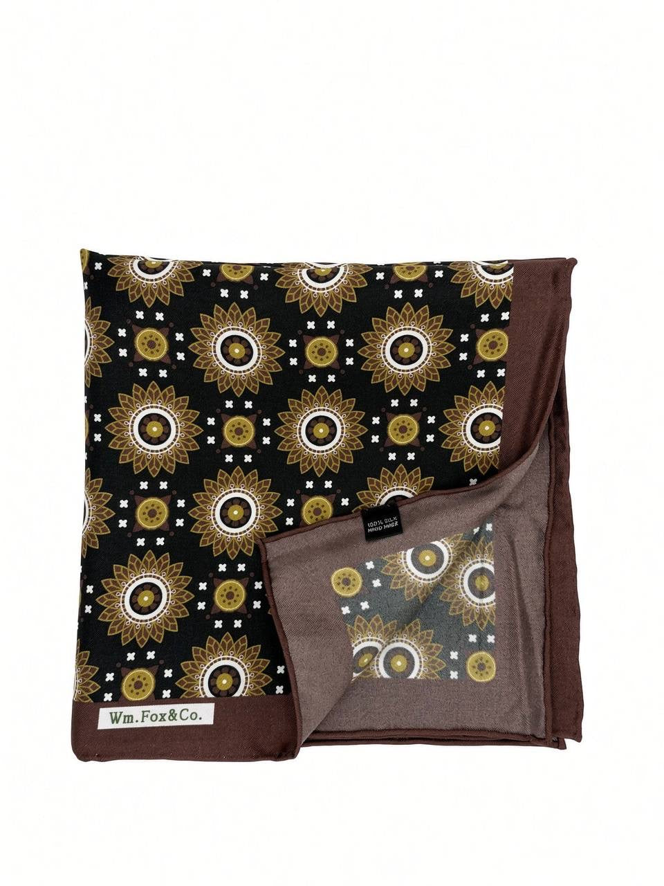 Chocolate Border Gold Sunburst Pocket Square — folded detail