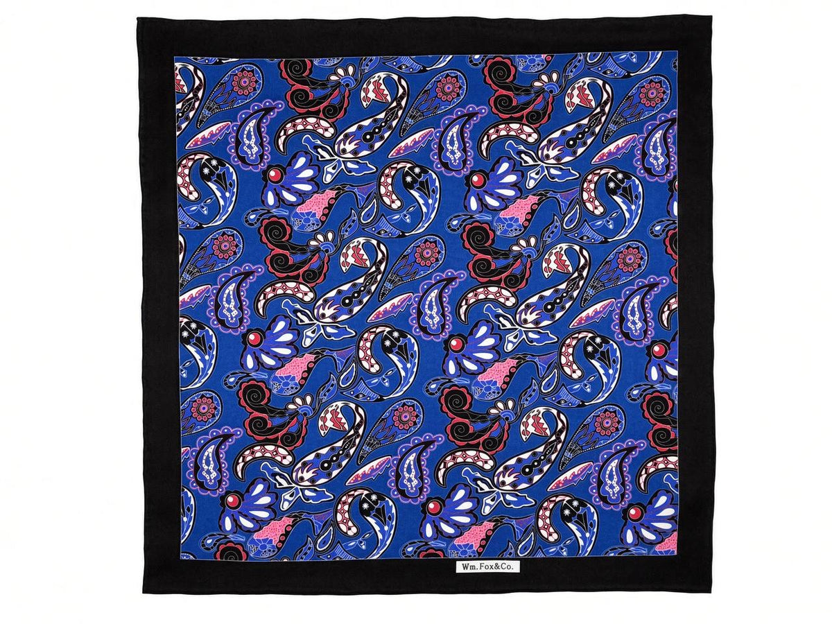 Black Border Blue Botanical Paisley Pocket Square — full pattern