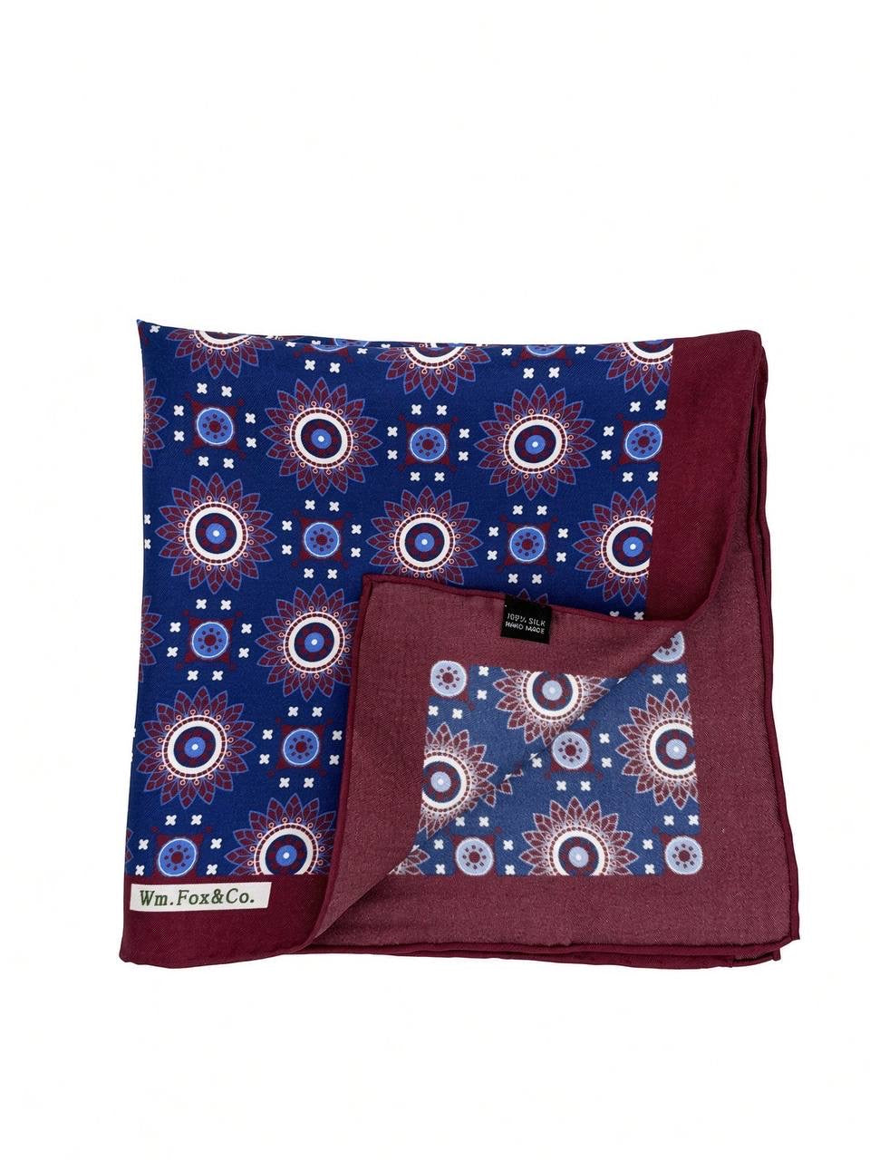 Burgundy Border Blue Sunburst Pocket Square — folded detail