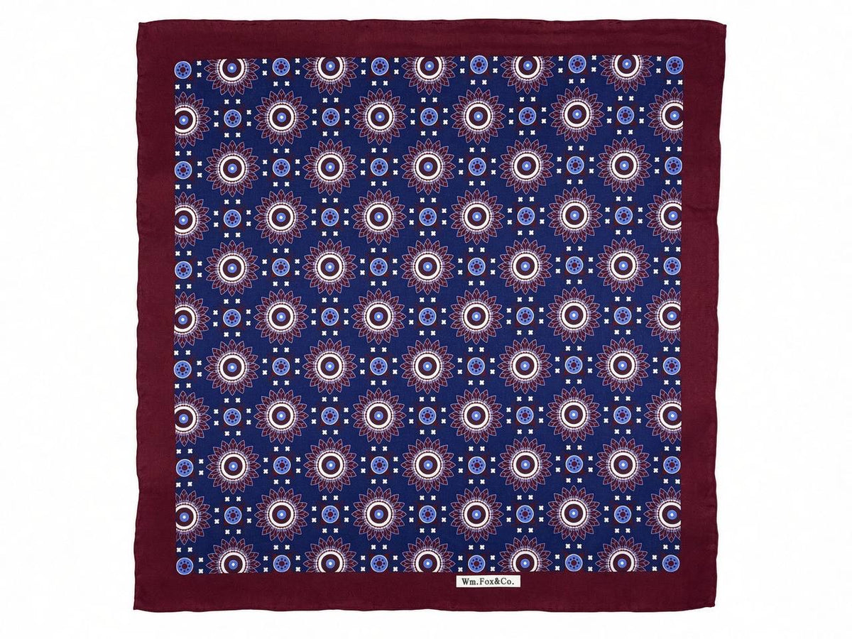 Burgundy Border Blue Sunburst Pocket Square — full pattern