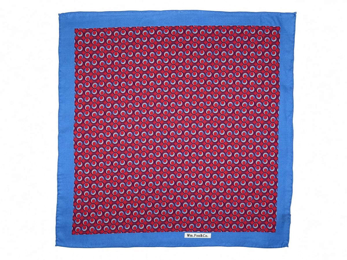 Sky Blue Border Red Scroll Pocket Square — full pattern