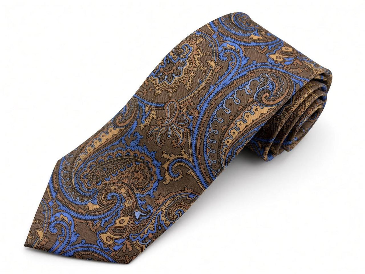 Taupe and Blue Paisley Necktie, full view