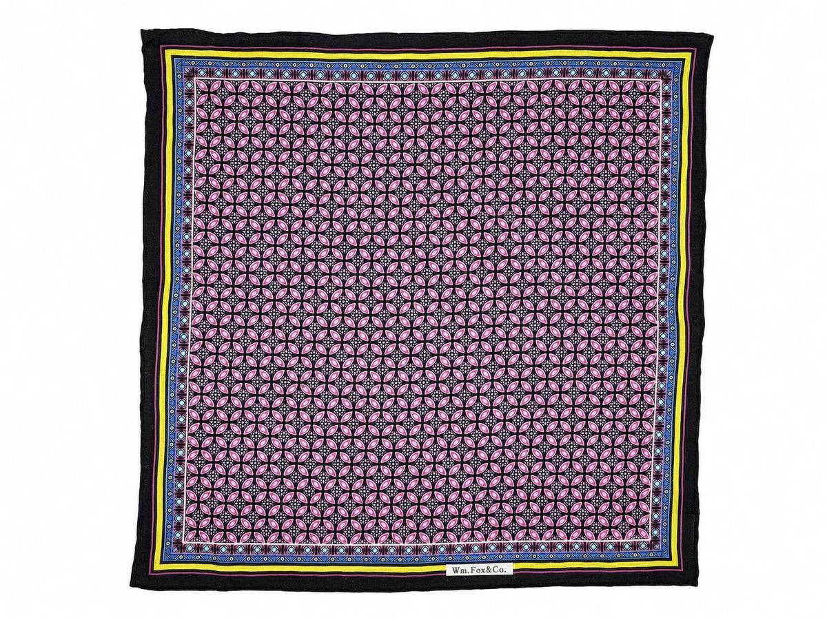 Black Border Pink Geometric Medallion Pocket Square - Wm. Fox & Co.