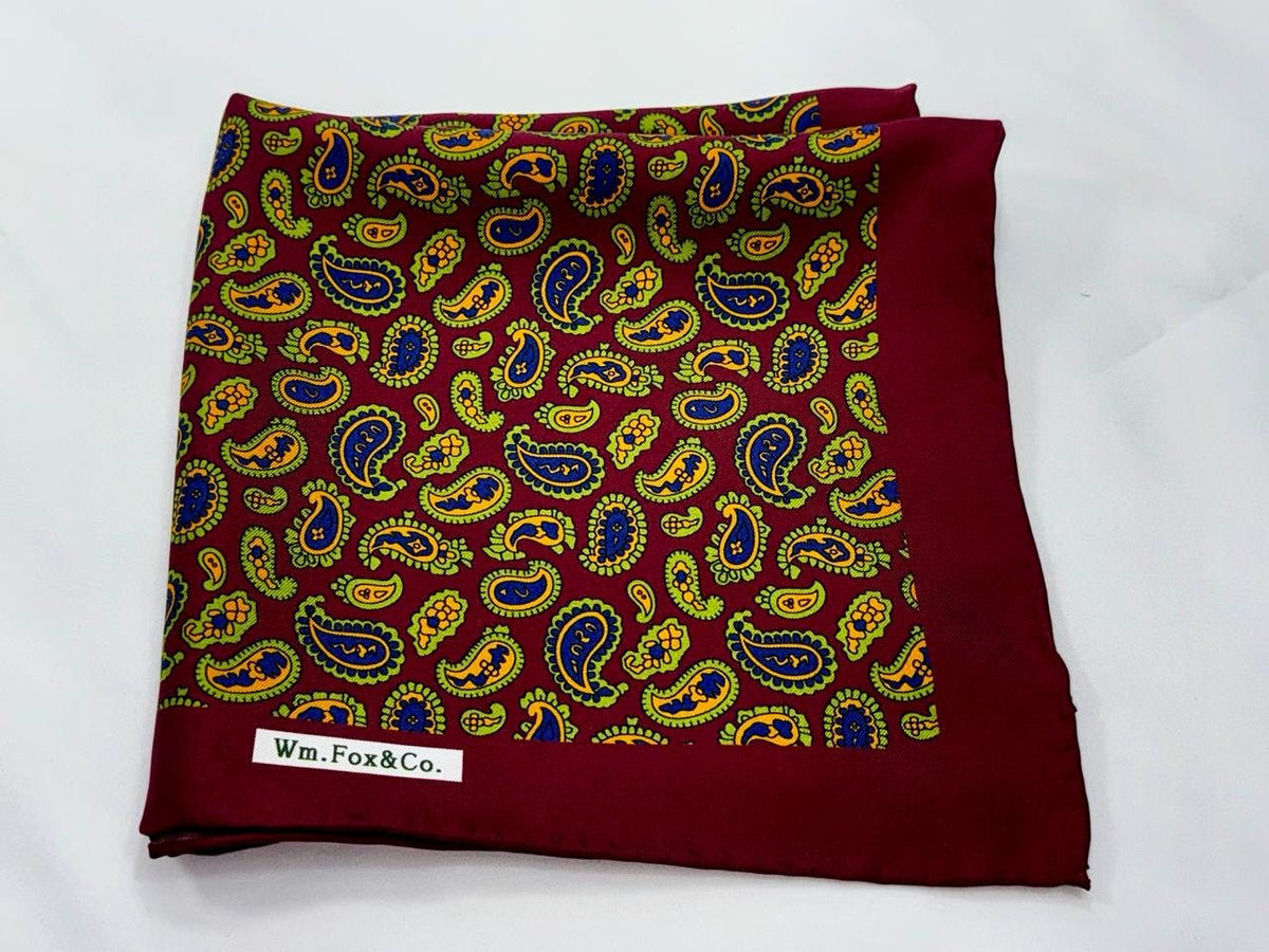 Burgundy Border Multicolor Paisley Pocket Square - Wm. Fox & Co.