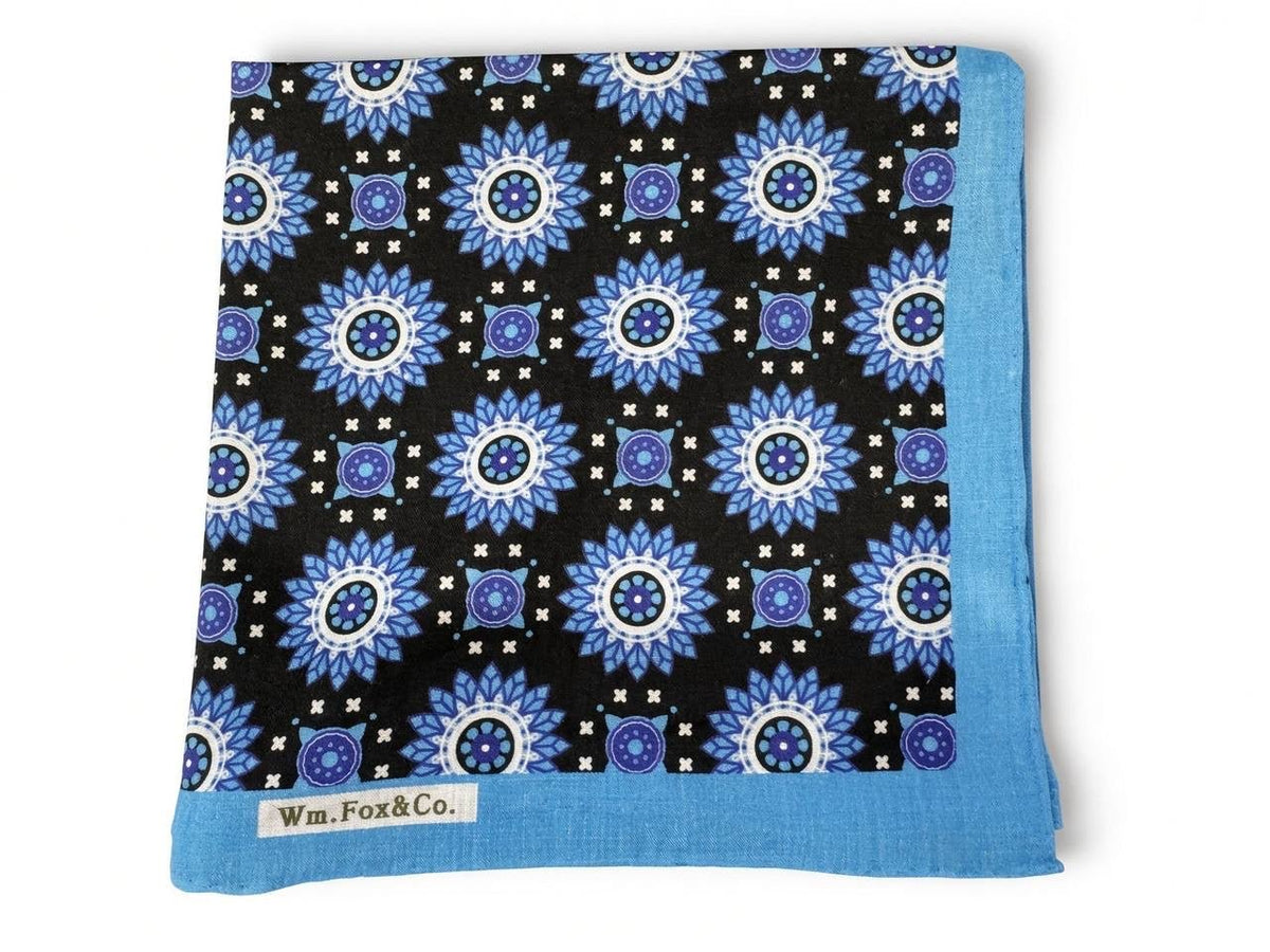 Sky Blue Border Floral Medallion Pocket Square - Wm. Fox & Co.