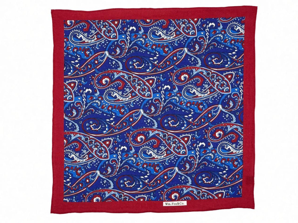 Red Border Cobalt Scroll Paisley Pocket Square — full pattern