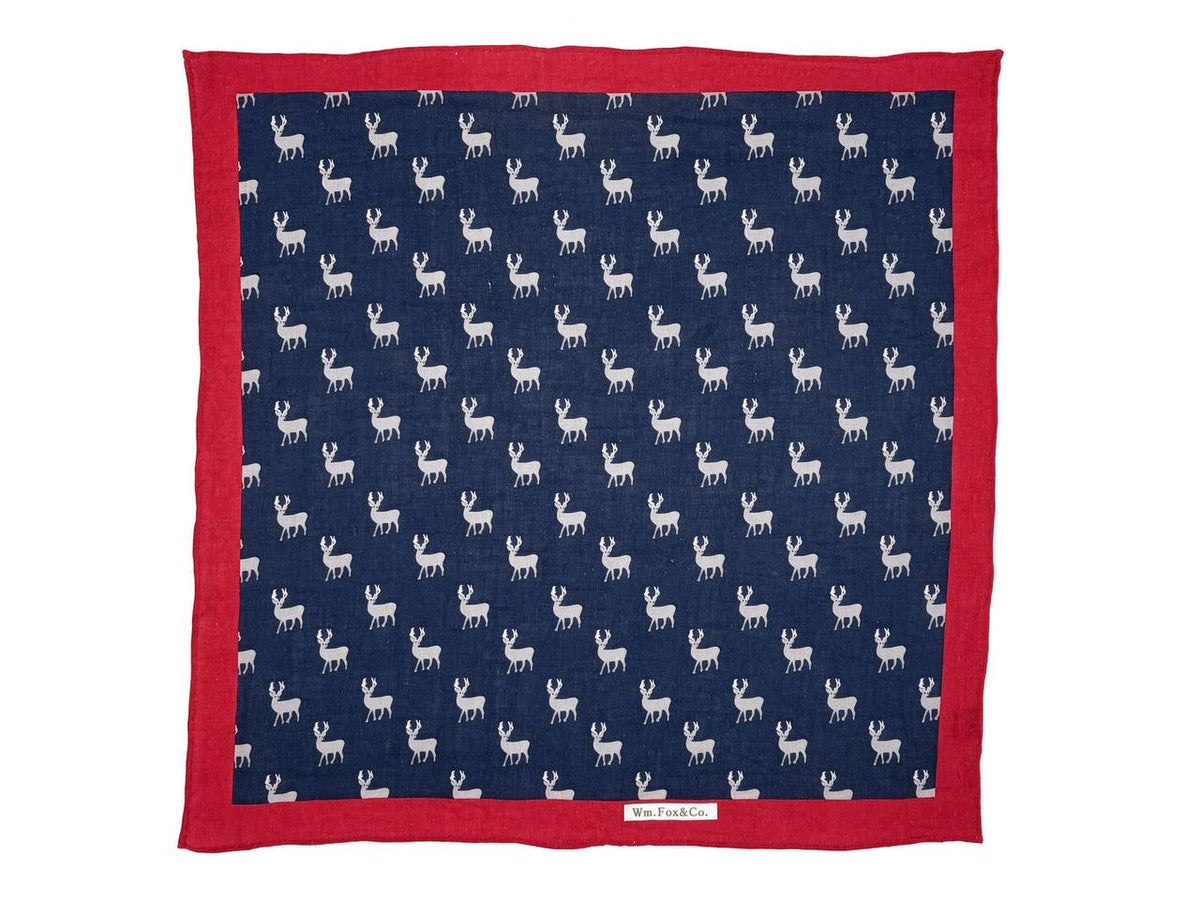 Navy Stag with Red Border Pocket Square — full pattern
