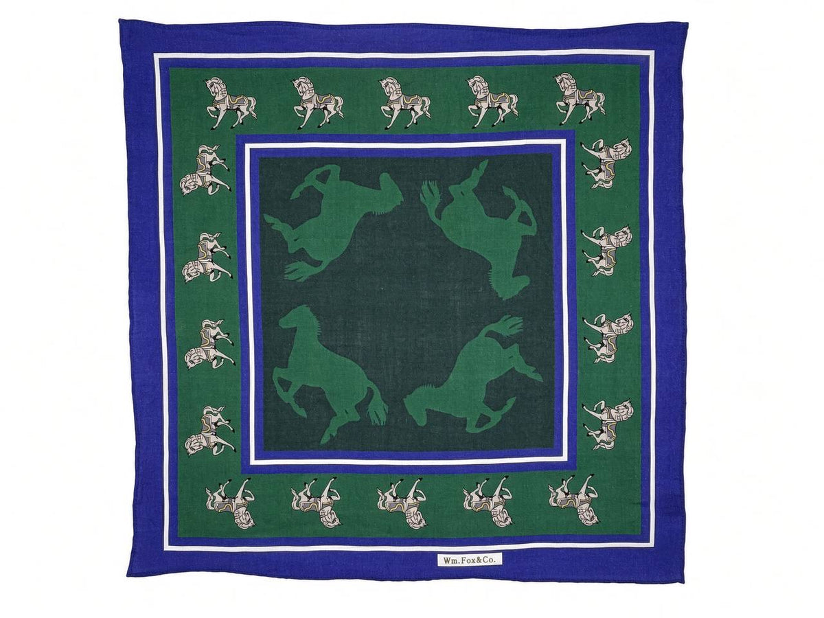 Green Equestrian Panel Pocket Square — full pattern