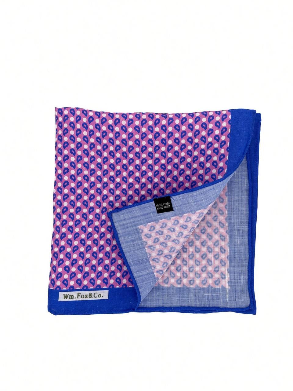 Royal Blue Border Pink Geometric Pocket Square — folded detail