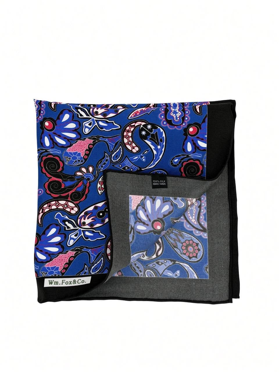 Black Border Blue Botanical Paisley Pocket Square — folded detail