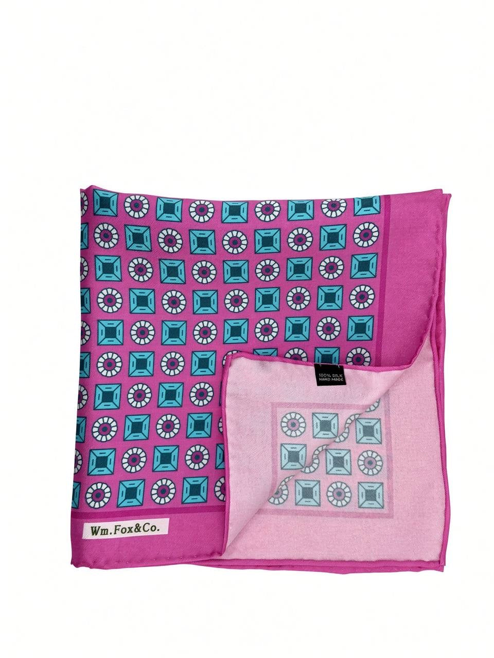 Pink Border Turquoise Medallion Pocket Square — folded detail