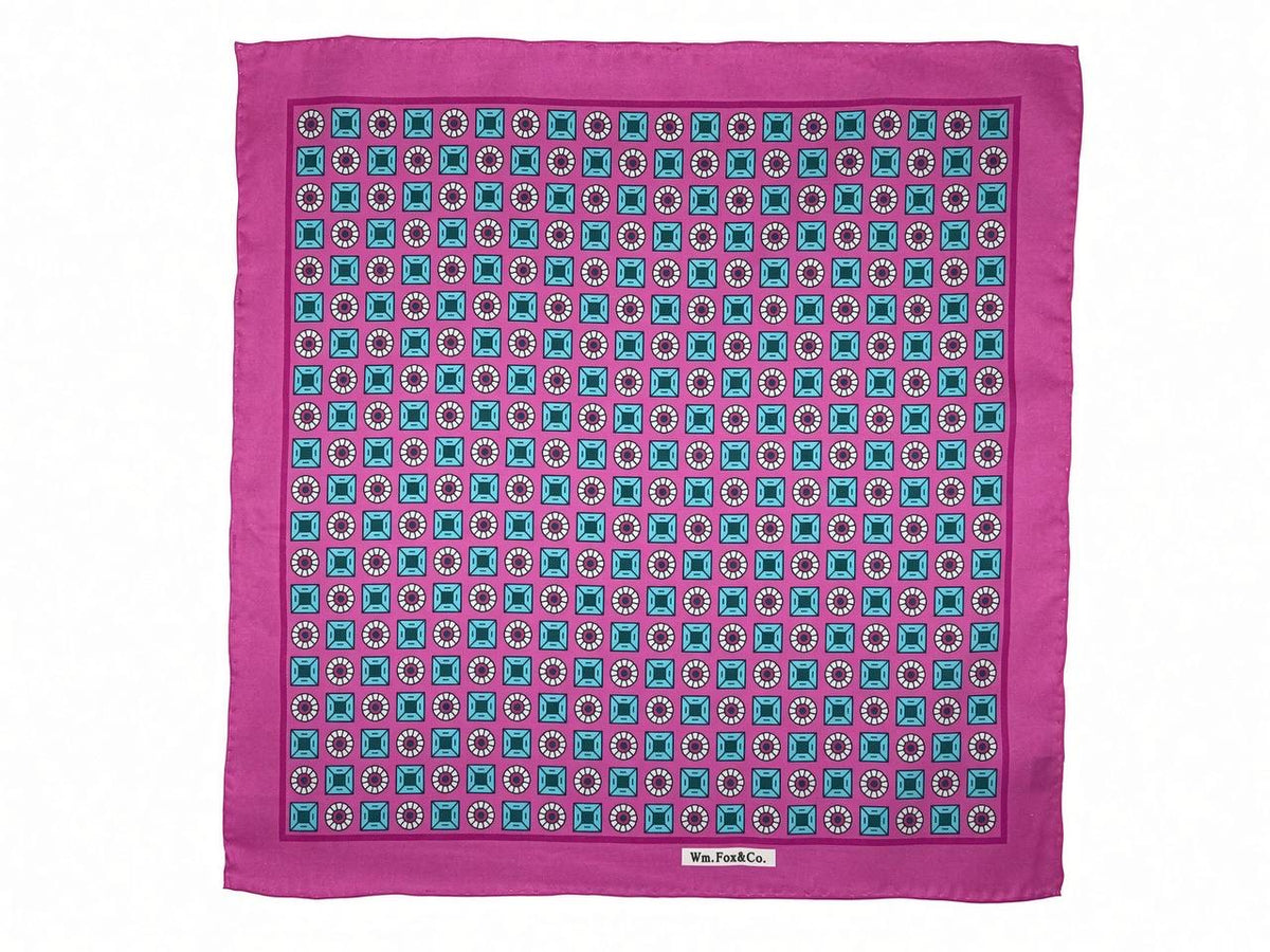Pink Border Turquoise Medallion Pocket Square — full pattern