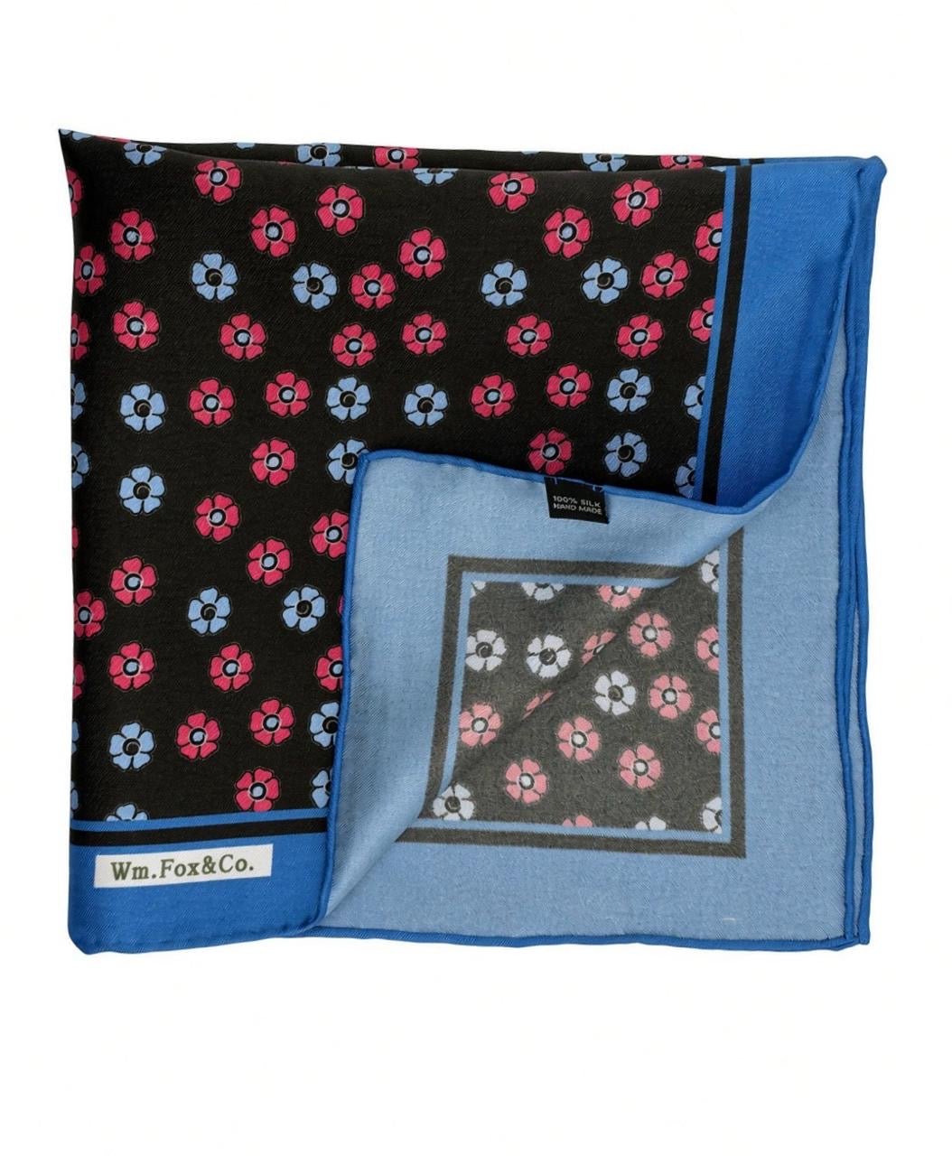 Black Floral with Blue Border Pocket Square - Wm. Fox & Co.