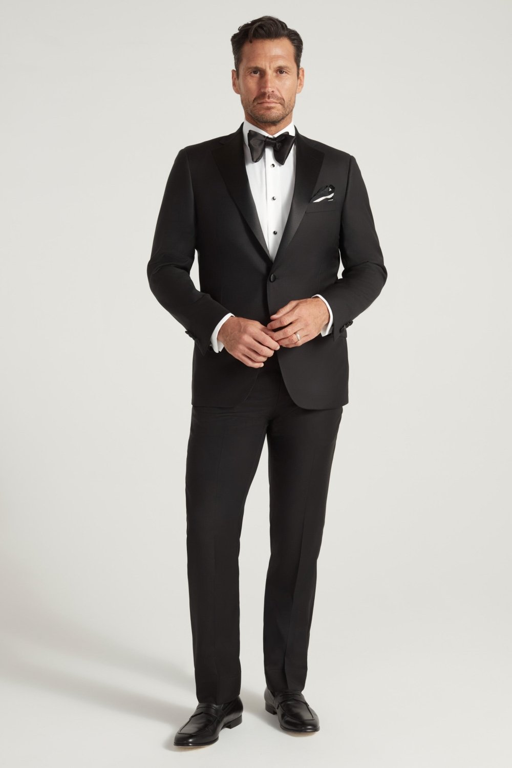 Black Notch Lapel Satin Honey Way Super 150's Wool Tuxedo - Wm. Fox & Co.