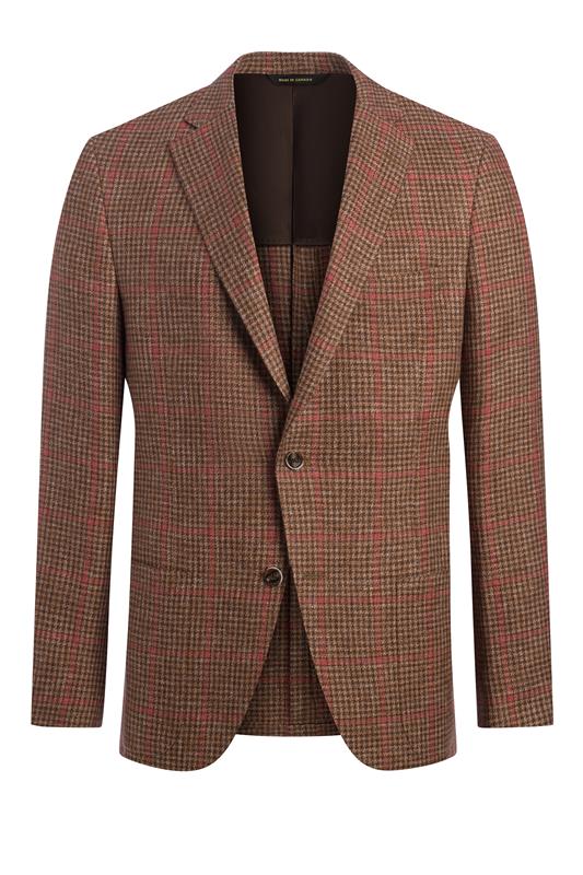 Brown Linen, Wool and Silk Houndstooth Red Jacket