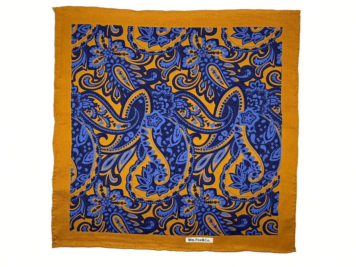 Gold Border Blue Paisley Pocket Square - Wm. Fox & Co.