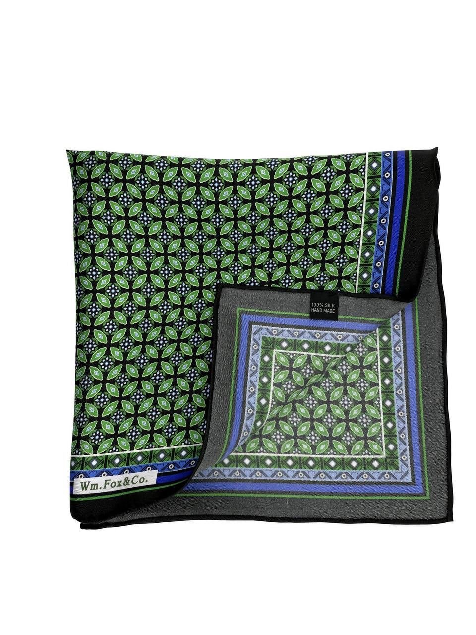 Green Medallion with Blue Border Pocket Square - Wm. Fox & Co.