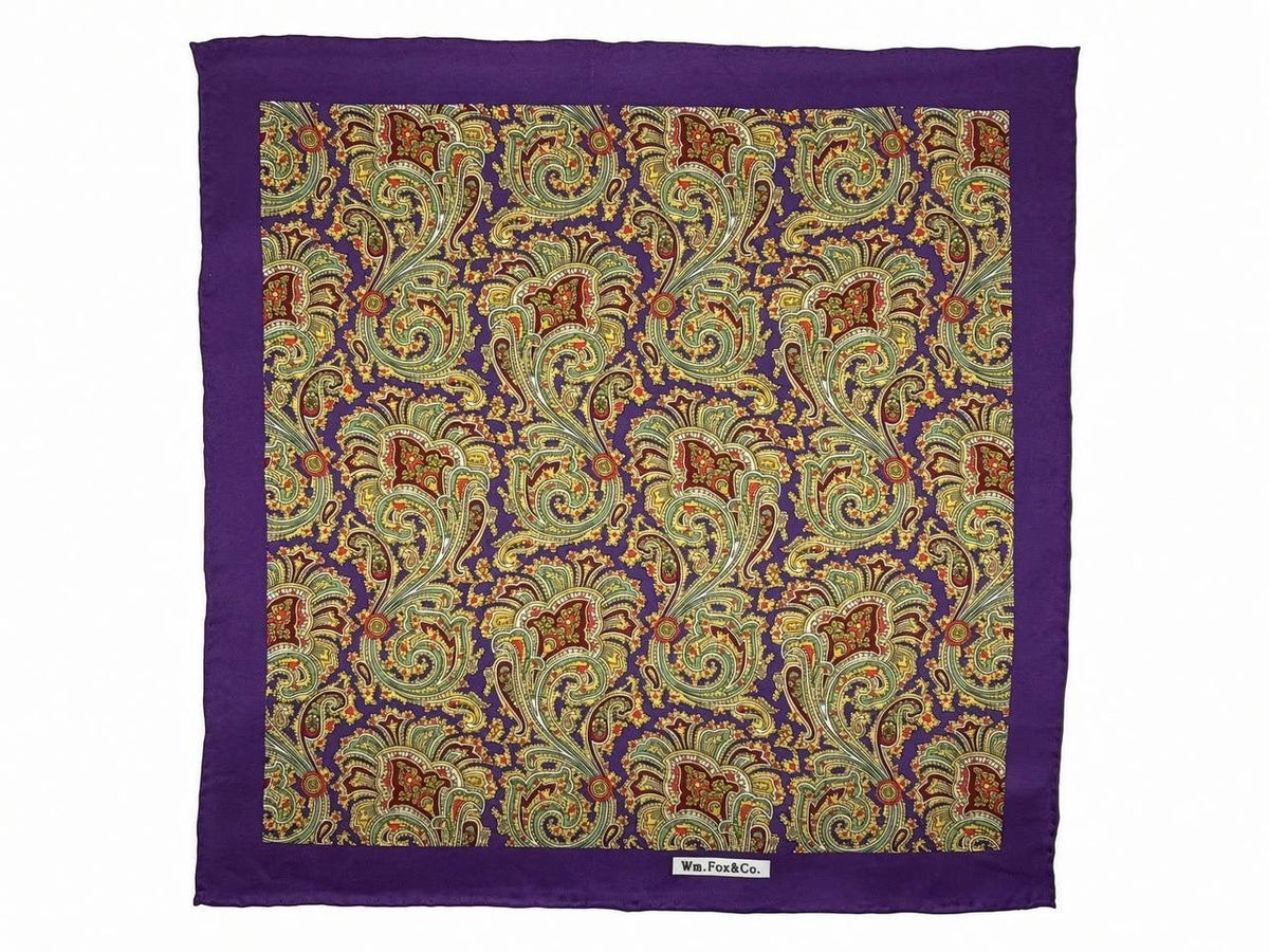 Olive & Gold Paisley with Purple Border Pocket Square - Wm. Fox & Co.